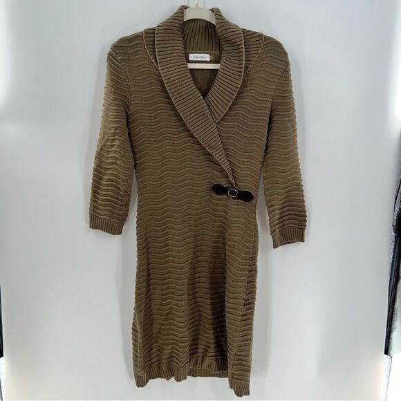 Calvin Klein Mock Wrap Wavey Knit Dark Tan Dress w/Leather Buckel Accent-Size S - Picture 1 of 9